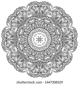 Mandala, tracery wheel mehndi design. Ethnic ornament, doodle symmetry texture. Folk traditional spiritual tribal design. Curved shape, isolated on white. Binary monochrome black and white art. Vector