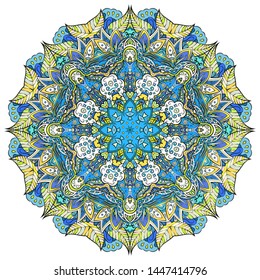 Mandala, tracery wheel mehndi design. Ethnic ornament, colorful doodle symmetry texture. Folk traditional spiritual tribal design. Curved shape, isolated on white. Color art. Vector