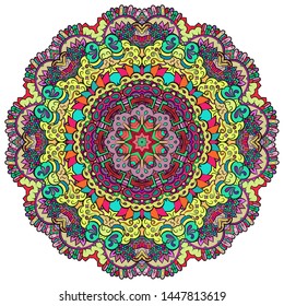 Mandala, tracery wheel mehndi design. Ethnic ornament, colorful doodle symmetry texture. Folk traditional spiritual tribal design. Curved shape, isolated on white. Color art. Vector