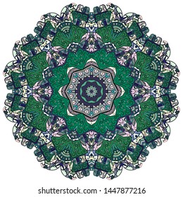 Mandala, tracery wheel mehndi design. Ethnic ornament, colorful doodle symmetry texture. Folk traditional spiritual tribal design. Curved shape, isolated on white. Color art. Vector