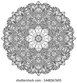 Mandala, tracery wheel mehndi design. Ethnic ornament, doodle symmetry texture. Folk traditional spiritual tribal design. Curved shape, isolated on white. Binary monochrome black and white art. Vector