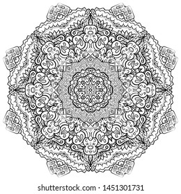 Mandala, tracery wheel mehndi design. Ethnic ornament, doodle symmetry texture. Folk traditional spiritual tribal design. Curved shape, isolated on white. Binary monochrome black and white art. Vector