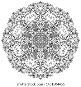 Mandala, tracery wheel mehndi design. Ethnic ornament, doodle symmetry texture. Folk traditional spiritual tribal design. Curved shape, isolated on white. Binary monochrome black and white art. Vector