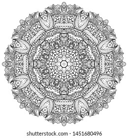Mandala, tracery wheel mehndi design. Ethnic ornament, doodle symmetry texture. Folk traditional spiritual tribal design. Curved shape, isolated on white. Binary monochrome black and white art. Vector