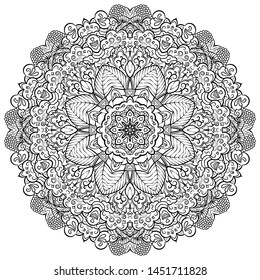 Mandala, tracery wheel mehndi design. Ethnic ornament, doodle symmetry texture. Folk traditional spiritual tribal design. Curved shape, isolated on white. Binary monochrome black and white art. Vector