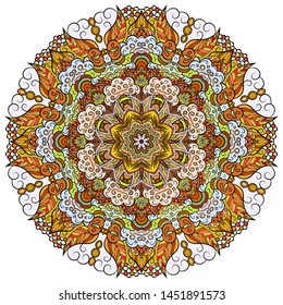 Mandala, tracery wheel mehndi design. Ethnic ornament, colorful doodle symmetry texture. Folk traditional spiritual tribal design. Curved shape, isolated on white. Color art. Vector