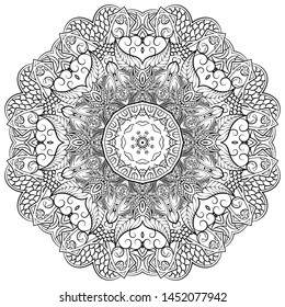 Mandala, tracery wheel mehndi design. Ethnic ornament, doodle symmetry texture. Folk traditional spiritual tribal design. Curved shape, isolated on white. Binary monochrome black and white art. Vector