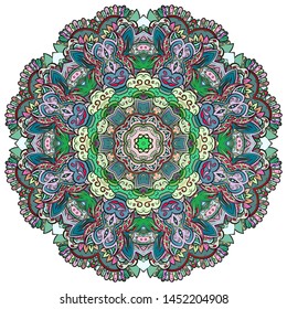 Mandala, tracery wheel mehndi design. Ethnic ornament, colorful doodle symmetry texture. Folk traditional spiritual tribal design. Curved shape, isolated on white. Color art. Vector
