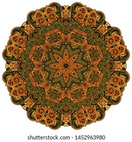 Mandala, tracery wheel mehndi design. Ethnic ornament, colorful doodle symmetry texture. Folk traditional spiritual tribal design. Curved shape, isolated on white. Color art. Vector