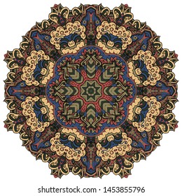 Mandala, tracery wheel mehndi design. Ethnic ornament, colorful doodle symmetry texture. Folk traditional spiritual tribal design. Curved shape, isolated on white. Color art. Vector
