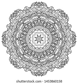 Mandala, tracery wheel mehndi design. Ethnic ornament, doodle symmetry texture. Folk traditional spiritual tribal design. Curved shape, isolated on white. Binary monochrome black and white art. Vector