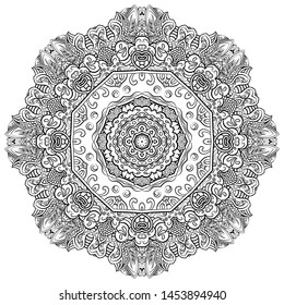 Mandala, tracery wheel mehndi design. Ethnic ornament, doodle symmetry texture. Folk traditional spiritual tribal design. Curved shape, isolated on white. Binary monochrome black and white art. Vector