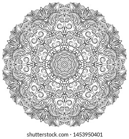 Mandala, tracery wheel mehndi design. Ethnic ornament, doodle symmetry texture. Folk traditional spiritual tribal design. Curved shape, isolated on white. Binary monochrome black and white art. Vector
