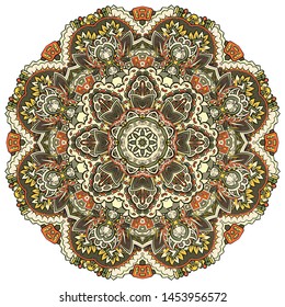Mandala, tracery wheel mehndi design. Ethnic ornament, colorful doodle symmetry texture. Folk traditional spiritual tribal design. Curved shape, isolated on white. Color art. Vector