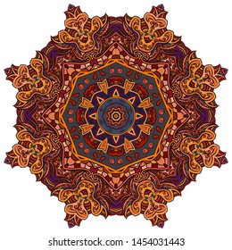 Mandala, tracery wheel mehndi design. Ethnic ornament, colorful doodle symmetry texture. Folk traditional spiritual tribal design. Curved shape, isolated on white. Color art. Vector