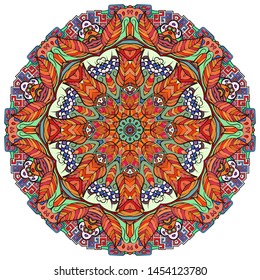 Mandala, tracery wheel mehndi design. Ethnic ornament, colorful doodle symmetry texture. Folk traditional spiritual tribal design. Curved shape, isolated on white. Color art. Vector