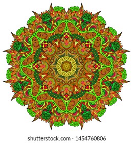 Mandala, tracery wheel mehndi design. Ethnic ornament, colorful doodle symmetry texture. Folk traditional spiritual tribal design. Curved shape, isolated on white. Color art. Vector