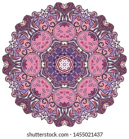 Mandala, tracery wheel mehndi design. Ethnic ornament, colorful doodle symmetry texture. Folk traditional spiritual tribal design. Curved shape, isolated on white. Color art. Vector