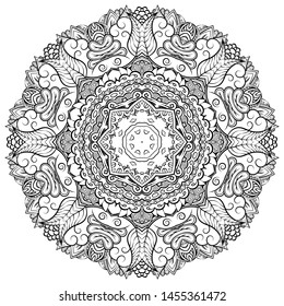 Mandala, tracery wheel mehndi design. Ethnic ornament, doodle symmetry texture. Folk traditional spiritual tribal design. Curved shape, isolated on white. Binary monochrome black and white art. Vector