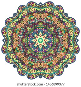 Mandala, tracery wheel mehndi design. Ethnic ornament, colorful doodle symmetry texture. Folk traditional spiritual tribal design. Curved shape, isolated on white. Color art. Vector