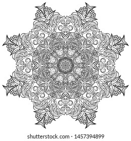 Mandala, tracery wheel mehndi design. Ethnic ornament, doodle symmetry texture. Folk traditional spiritual tribal design. Curved shape, isolated on white. Binary monochrome black and white art. Vector