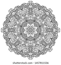 Mandala, tracery wheel mehndi design. Ethnic ornament, doodle symmetry texture. Folk traditional spiritual tribal design. Curved shape, isolated on white. Binary monochrome black and white art. Vector