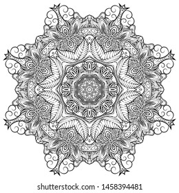 Mandala, tracery wheel mehndi design. Ethnic ornament, doodle symmetry texture. Folk traditional spiritual tribal design. Curved shape, isolated on white. Binary monochrome black and white art. Vector