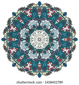 Mandala, tracery wheel mehndi design. Ethnic ornament, colorful doodle symmetry texture. Folk traditional spiritual tribal design. Curved shape, isolated on white. Color art. Vector