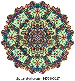 Mandala, tracery wheel mehndi design. Ethnic ornament, colorful doodle symmetry texture. Folk traditional spiritual tribal design. Curved shape, isolated on white. Color art. Vector