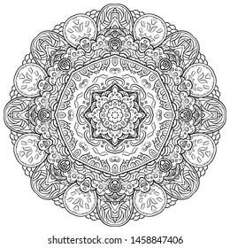 Mandala, tracery wheel mehndi design. Ethnic ornament, doodle symmetry texture. Folk traditional spiritual tribal design. Curved shape, isolated on white. Binary monochrome black and white art. Vector