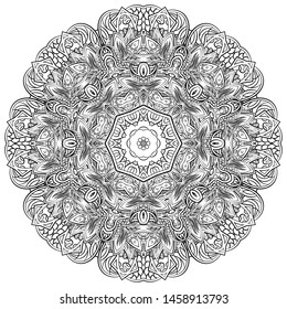 Mandala, tracery wheel mehndi design. Ethnic ornament, doodle symmetry texture. Folk traditional spiritual tribal design. Curved shape, isolated on white. Binary monochrome black and white art. Vector