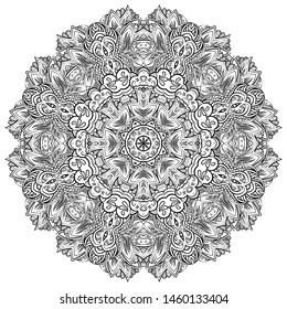 Mandala, tracery wheel mehndi design. Ethnic ornament, doodle symmetry texture. Folk traditional spiritual tribal design. Curved shape, isolated on white. Binary monochrome black and white art. Vector