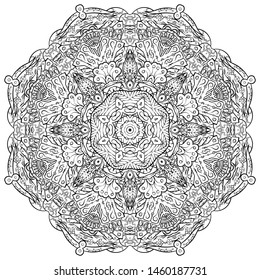 Mandala, tracery wheel mehndi design. Ethnic ornament, doodle symmetry texture. Folk traditional spiritual tribal design. Curved shape, isolated on white. Binary monochrome black and white art. Vector