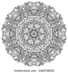 Mandala, tracery wheel mehndi design. Ethnic ornament, doodle symmetry texture. Folk traditional spiritual tribal design. Curved shape, isolated on white. Binary monochrome black and white art. Vector