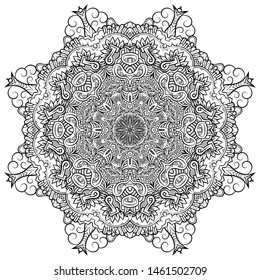 Mandala, tracery wheel mehndi design. Ethnic ornament, doodle symmetry texture. Folk traditional spiritual tribal design. Curved shape, isolated on white. Binary monochrome black and white art. Vector