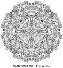 Mandala, tracery wheel mehndi design. Ethnic ornament, doodle symmetry texture. Folk traditional spiritual tribal design. Curved shape, isolated on white. Binary monochrome black and white art. Vector