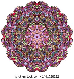 Mandala, tracery wheel mehndi design. Ethnic ornament, colorful doodle symmetry texture. Folk traditional spiritual tribal design. Curved shape, isolated on white. Color art. Vector