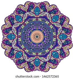 Mandala, tracery wheel mehndi design. Ethnic ornament, colorful doodle symmetry texture. Folk traditional spiritual tribal design. Curved shape, isolated on white. Color art. Vector