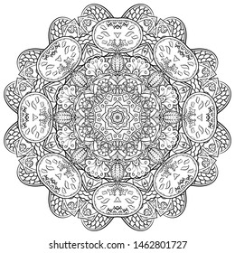 Mandala, tracery wheel mehndi design. Ethnic ornament, doodle symmetry texture. Folk traditional spiritual tribal design. Curved shape, isolated on white. Binary monochrome black and white art. Vector