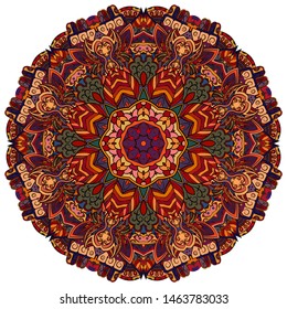 Mandala, tracery wheel mehndi design. Ethnic ornament, colorful doodle symmetry texture. Folk traditional spiritual tribal design. Curved shape, isolated on white. Color art. Vector