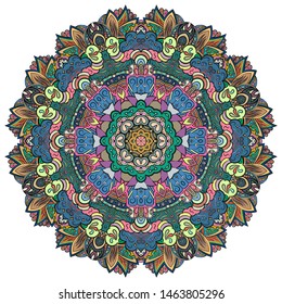 Mandala, tracery wheel mehndi design. Ethnic ornament, colorful doodle symmetry texture. Folk traditional spiritual tribal design. Curved shape, isolated on white. Color art. Vector