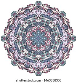 Mandala, tracery wheel mehndi design. Ethnic ornament, colorful doodle symmetry texture. Folk traditional spiritual tribal design. Curved shape, isolated on white. Color art. Vector