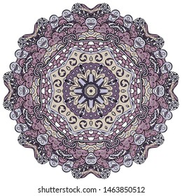 Mandala, tracery wheel mehndi design. Ethnic ornament, colorful doodle symmetry texture. Folk traditional spiritual tribal design. Curved shape, isolated on white. Color art. Vector