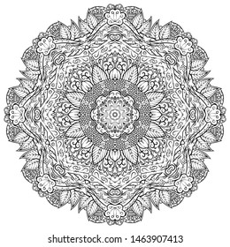 Mandala, tracery wheel mehndi design. Ethnic ornament, doodle symmetry texture. Folk traditional spiritual tribal design. Curved shape, isolated on white. Binary monochrome black and white art. Vector