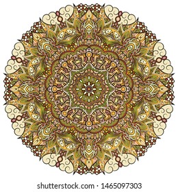 Mandala, tracery wheel mehndi design. Ethnic ornament, colorful doodle symmetry texture. Folk traditional spiritual tribal design. Curved shape, isolated on white. Color art. Vector