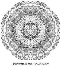 Mandala, tracery wheel mehndi design. Ethnic ornament, doodle symmetry texture. Folk traditional spiritual tribal design. Curved shape, isolated on white. Binary monochrome black and white art. Vector