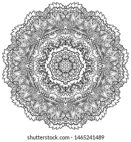 Mandala, tracery wheel mehndi design. Ethnic ornament, doodle symmetry texture. Folk traditional spiritual tribal design. Curved shape, isolated on white. Binary monochrome black and white art. Vector