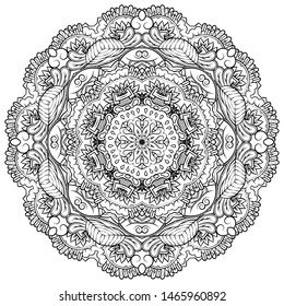 Mandala, tracery wheel mehndi design. Ethnic ornament, doodle symmetry texture. Folk traditional spiritual tribal design. Curved shape, isolated on white. Binary monochrome black and white art. Vector