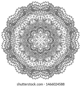 Mandala, tracery wheel mehndi design. Ethnic ornament, doodle symmetry texture. Folk traditional spiritual tribal design. Curved shape, isolated on white. Binary monochrome black and white art. Vector