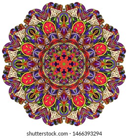 Mandala, tracery wheel mehndi design. Ethnic ornament, colorful doodle symmetry texture. Folk traditional spiritual tribal design. Curved shape, isolated on white. Color art. Vector